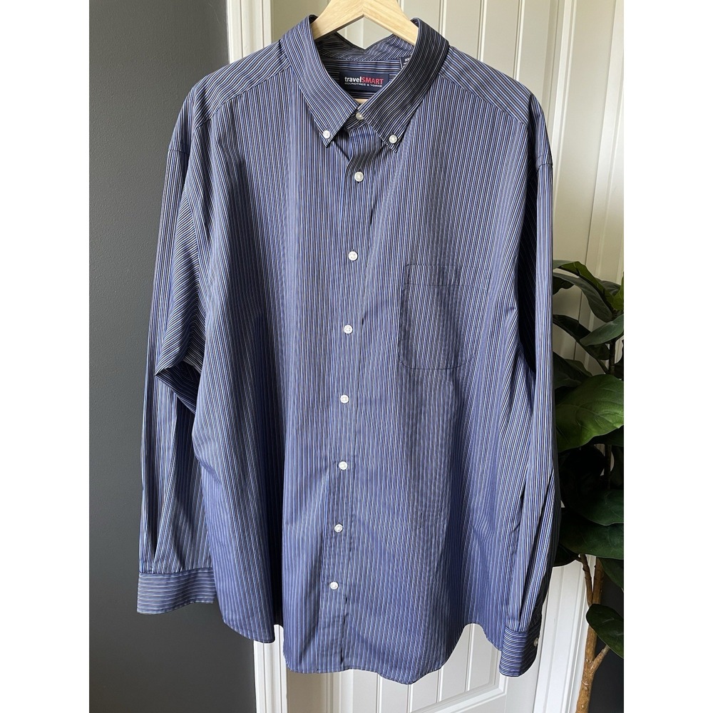 Roundtree & Yorke TravelSmart Shirt Mens 2XT 2XLT Blue Stripe L/S Button-up